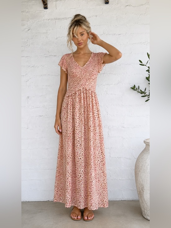 Jessica Simpson Dresses & Skirts - Jessica Simpson Blush Floral V-Neck Smocked Maxi Dress Shortsleeve Small cottage